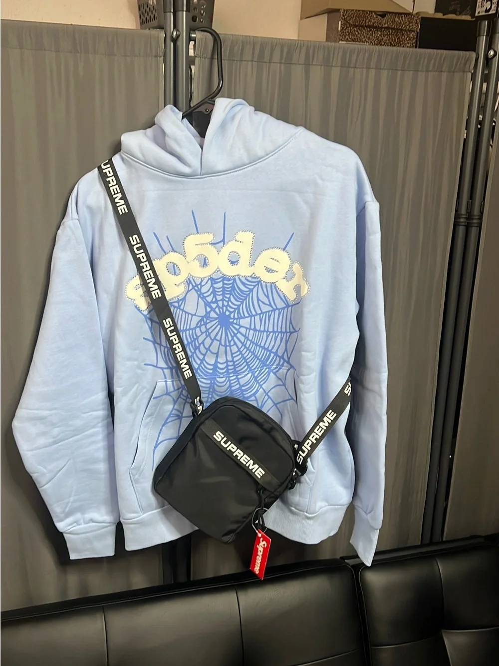 Purple Spiderweb Hoodie with Black Supreme Crossbody Bag 50$